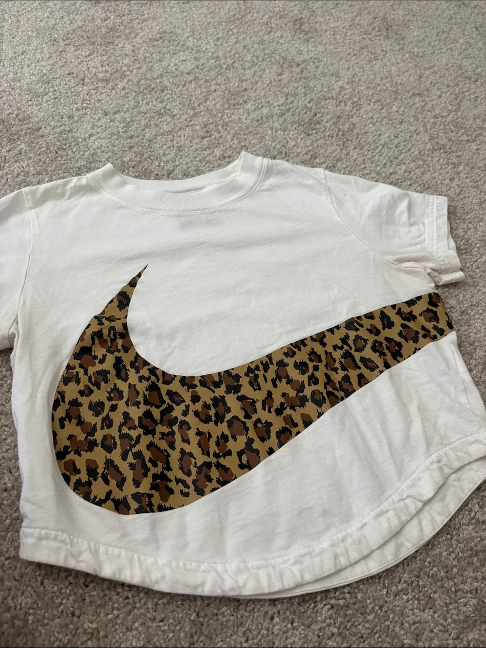 Nike White Short Sleeve crop Tee with Leopard Swoosh